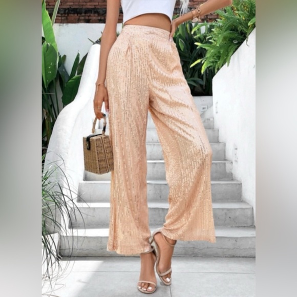High-waisted wide leg rosé sequined party and holiday pants party - Picture 1 of 5